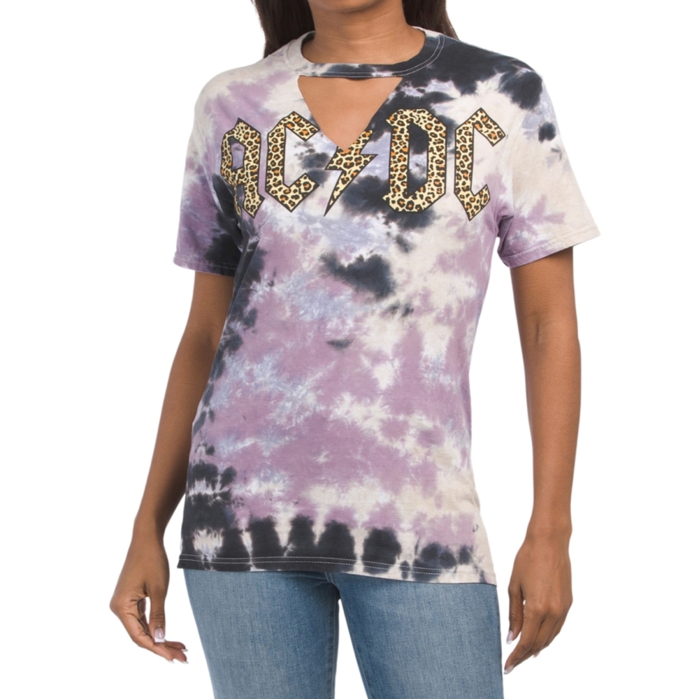 Women’s AC/DC Graphic Rocker T-shirt Size M Tie Dye Cut Out Collar Leopard Print - Picture 3 of 12